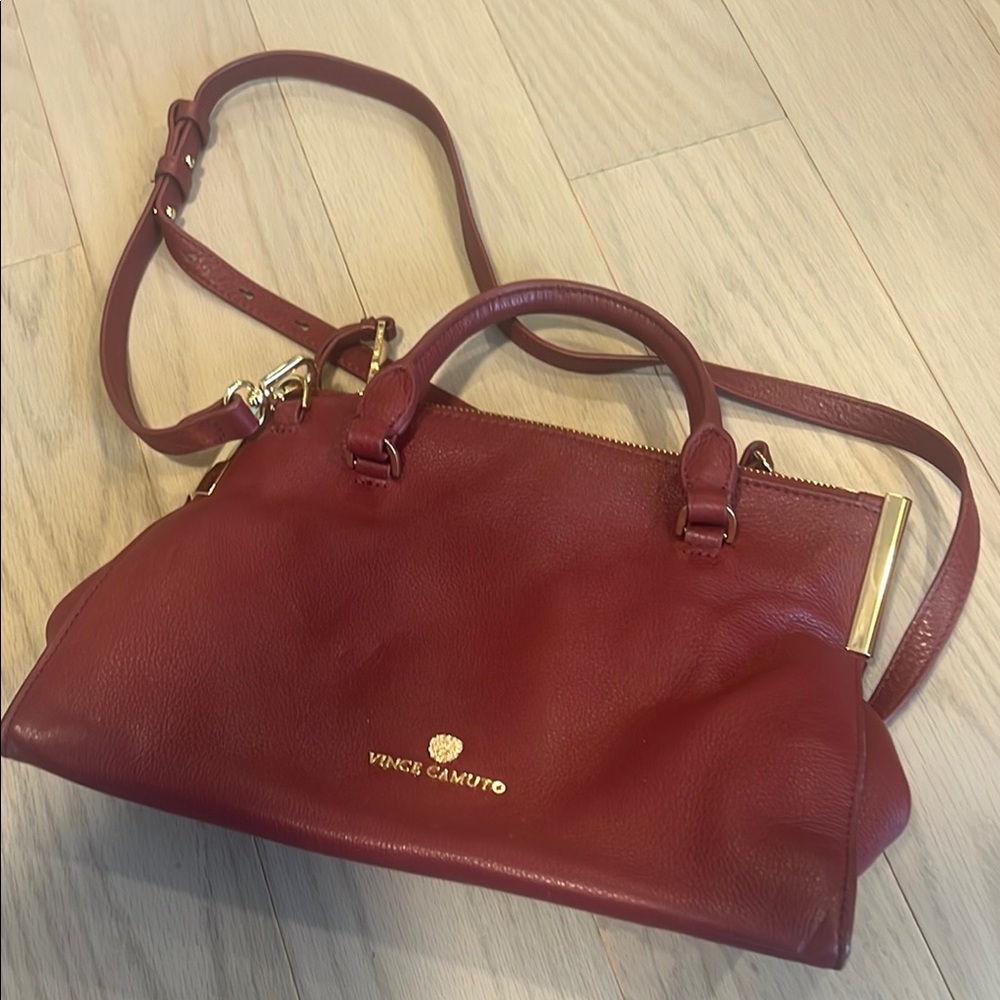 Vince Camuto Red Leather Satchel with Gold Accents